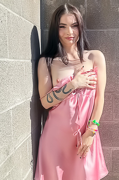 Vixen Hikes Her Pink Slip Dress Up And Plays With Herself On A Fallen Tree